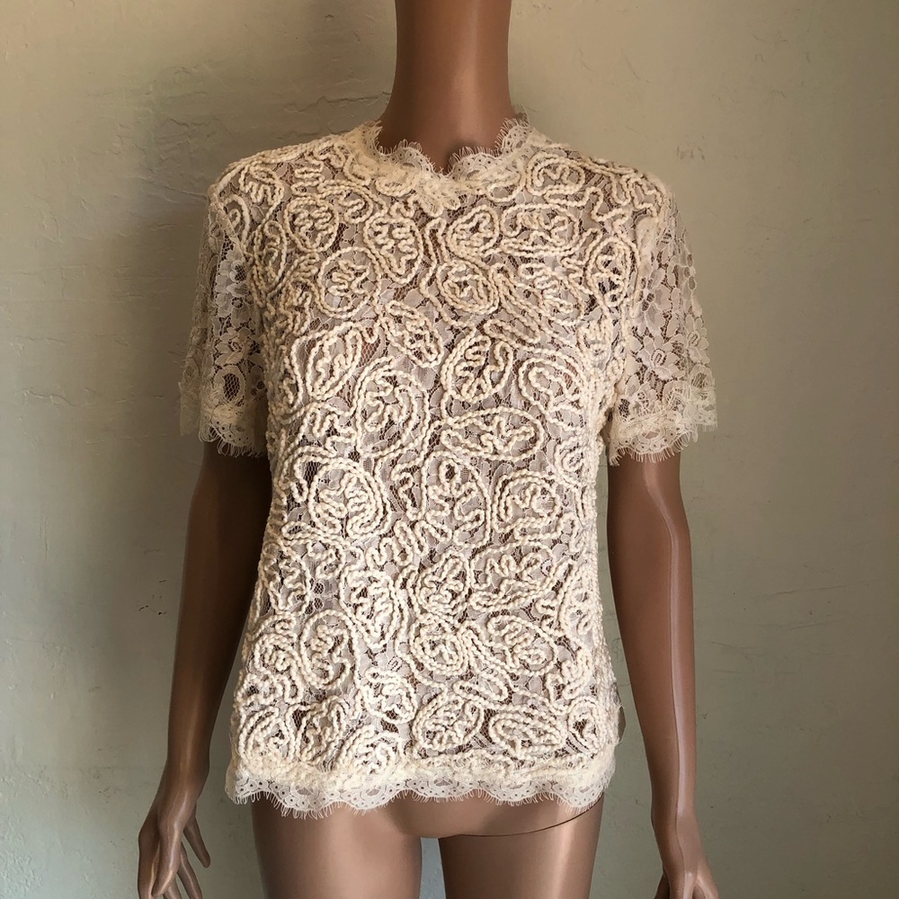 Anne Klein Vintage Delicate Lace Short-Sleeve Cream Top Blouse Women’s Size L
